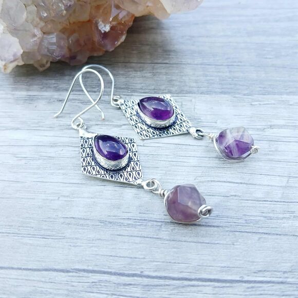 Amethyst Gemstone Dangle Earrings, Artisan Boho Chic Statement 3" - Picture 2 of 6